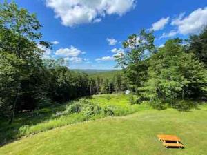 a wooden bench in a field with trees at Private with a Beautiful View House in Afton