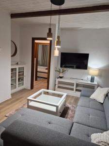 a living room with a couch and a tv at Nuvola in Ravascletto