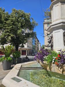 a fountain in the middle of a street with flowers at Green Marmot Capsule Hotel Genève - Self check-in in Geneva