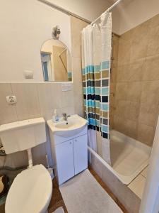 a bathroom with a toilet and a sink and a shower at Jaśmin in Budry +43 photos