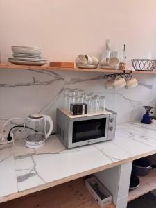 a microwave sitting on top of a counter at Stone Rose Glamping & Apartments in Tivat
