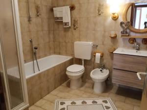 a bathroom with a toilet and a tub and a sink at Casa Defrancesco - with Garden in Moena +16 photos
