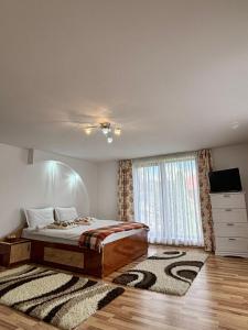 a bedroom with a bed and a window and a rug at Casa in inima Bucovinei in Câmpulung Moldovenesc