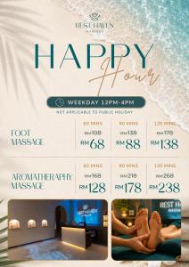 a flyer for a happy hour with a calendar at Hotel Brynton at Cameron Centrum Mall in Cameron Highlands