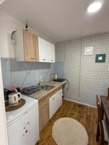 a small kitchen with white cabinets and a sink at WIN apartment in Plužine +20 photos