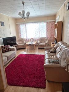 a living room with couches and a red rug at MiniMani House with Sauna in Sorsakoski
