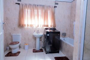 a bathroom with a sink and a toilet and a shower at Mainway home in Harare
