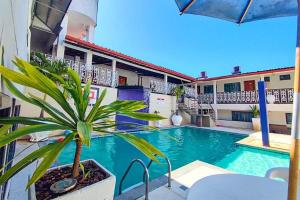a hotel pool with a palm tree in the middle at Happy Hotel Ancoradouro in Porto Seguro