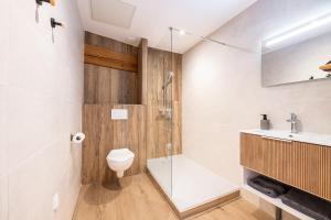 a bathroom with a shower and a toilet and a sink at Vina Rhona - Loft de charme entre Rhône et Vignes climatisé in Condrieu