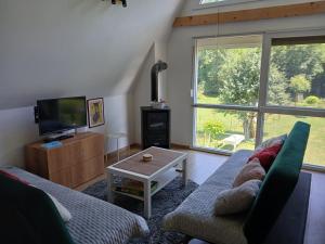 a living room with a couch and a tv and a table at Vila SVITAC Banja Vrujci in Mionica