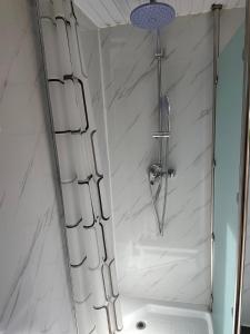a shower in a bathroom with white marble walls at Deer Meadow #1 in Maynooth +26 photos