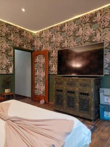 a bedroom with a large entertainment center with a flat screen tv at B&B Fleur in Schoten
