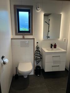 a bathroom with a toilet and a sink and a window at Lofoten Arctic Cabin in Sørvågen