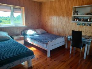 a bedroom with two beds and a desk and a table at Білий лебідь in Pulemets