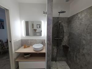 a bathroom with a sink and a shower at La Barjuline - Île d'Oléron in La Brée-les-Bains +19 photos