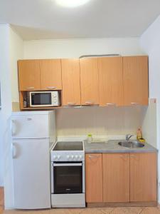 a kitchen with a white refrigerator and a microwave at Laki Apartment in Podgorica