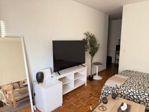a living room with a flat screen tv on a white cabinet at Studio charmant centré à Lausanne in Lausanne