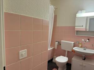 a pink bathroom with a toilet and a sink at Studio charmant centré à Lausanne in Lausanne