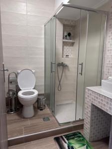 a bathroom with a shower with a toilet and a sink at MoSta Sunset in Litochoro