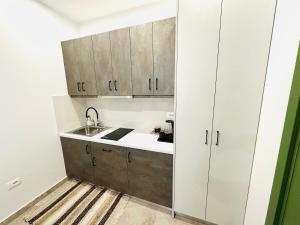 a kitchen with white cabinets and a sink at Tanushi Central Apartments in Vau i Dejës +11 photos