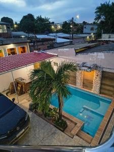 a house with a swimming pool and a palm tree at Casa Privativa com Piscina, Churrasqueira, Wi-Fi e Ar-Condicionado em Manaus in Manaus