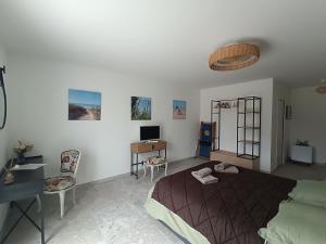 a bedroom with a bed and a desk and a computer at La Barjuline - Île d'Oléron in La Brée-les-Bains