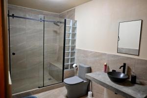 a bathroom with a toilet and a sink and a shower at Chatowasi Mountain Lodge in Santa Eulalia +12 photos