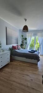 a bedroom with a large bed and two windows at Apartament Maciejkowa in Szczecin