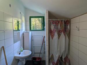 a small bathroom with a sink and a shower at Chata POUSTEVNA ( Střelecká ) in Vrbno pod Pradědem