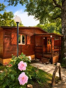 a log cabin with a porch and pink roses at Chalet - Snow Village Roccaraso in Roccaraso