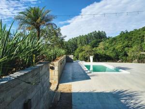a swimming pool next to a retaining wall with a palm tree at Villa Pitanga Pousada in São Martinho +52 photos