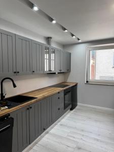 a kitchen with gray cabinets and a sink and a window at Apartament Powidz in Powidz