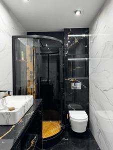 a bathroom with a shower and a toilet and a sink at Apartament Powidz in Powidz