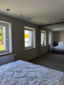 a bedroom with a large bed and a mirror at Apartament Powidz in Powidz