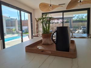 a kitchen counter with a tray with a coffee mug on it at Villa Céline - Prestige, Piscine & Jacuzzi in Vielle-Saint-Girons