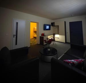 a dark living room with a couch and a table at Hotel Malvina in Sînnicolau Mare