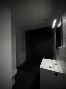 a black and white bathroom with a sink and a toilet at Hotel Malvina in Sînnicolau Mare