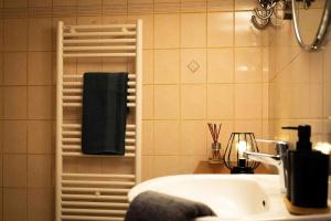a bathroom with a sink and a green towel at Le Rameau Gîte avec spa et étangs privés in Langey +30 photos