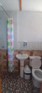 a bathroom with a toilet and a sink at TAQUILE LODGE Perú in Huillanopampa