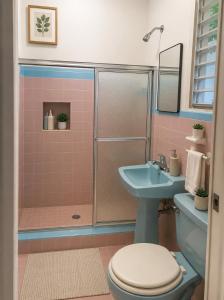 a bathroom with a shower and a toilet and a sink at Studio comodo con aire acondicionado in Caguas