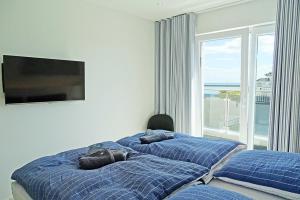 two beds in a room with a tv and a window at Sturmvogel in Olpenitz