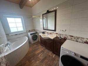 a bathroom with a tub and a sink and a mirror at Medová chaloupka in Černá Voda +22 photos