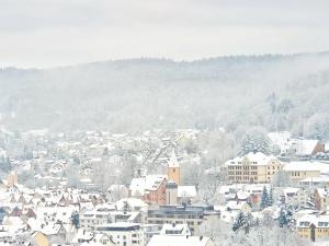 a town covered in snow with a mountain in the background at FeWo Talblick - modern, charmant, Feldrand in Bad Orb