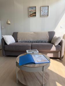 a living room with a couch and a table at Studio des dunes au clocher in Berck-sur-Mer