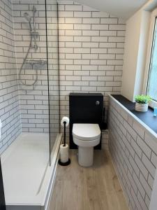a bathroom with a toilet and a shower at Modern 3BR home in Cumbernauld in Cumbernauld +40 photos