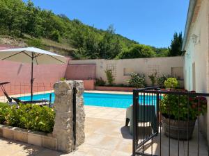a swimming pool with an umbrella and some plants at Combe Rouge in Belvèze