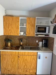 a kitchen with wooden cabinets and a sink and a microwave at Riviera Lodge II in Allos +21 photos