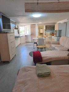 a living room with two beds and a kitchen at Slanraj Studio in Jadrtovac