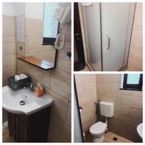 two pictures of a bathroom with a toilet and a sink at Vatra Dacilor Transalpina in Şugag
