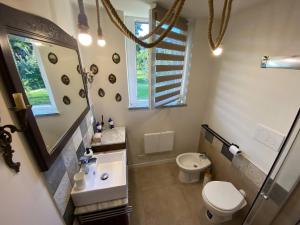 a bathroom with a toilet and a sink and a mirror at Cascina Vica Biella in Andorno Micca